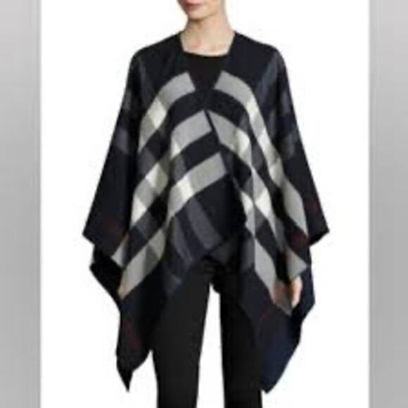 Burberry Check Cashmere and Wool Fringed Cape Poncho Wrap Shawl One Size - Picture 1 of 8